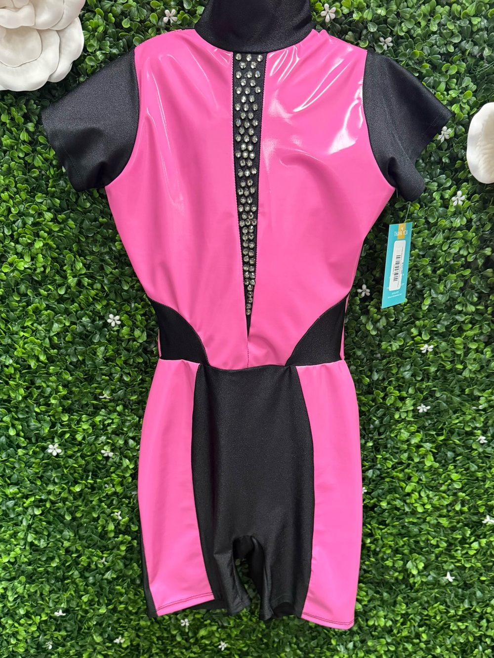 Girls' Hot Pink & Black Dance Costume with Rhinestone Trim